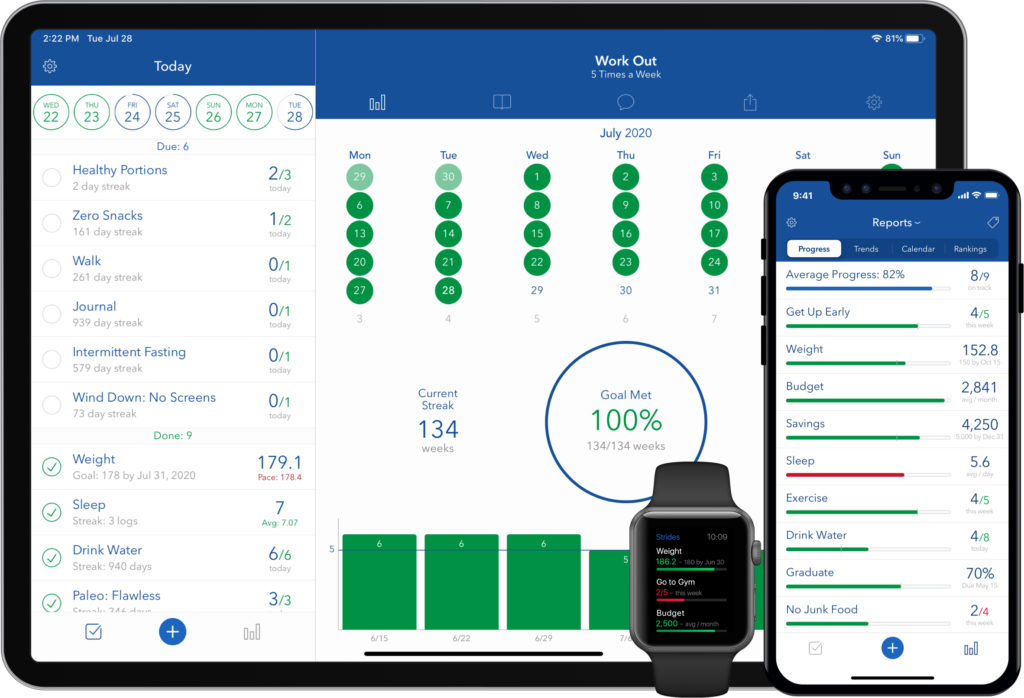 An image showing an example of how the Strides app looks on a mobile phone, tablet and Apple Watch.