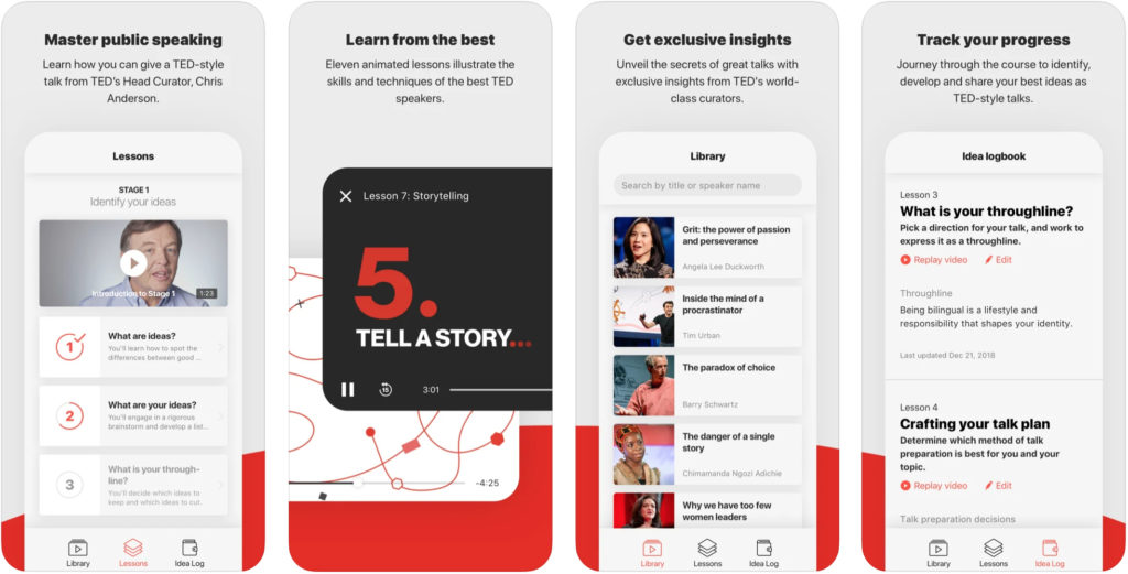 An image showing examples of what some of the screens look like on the TED Masterclass app on a mobile device.