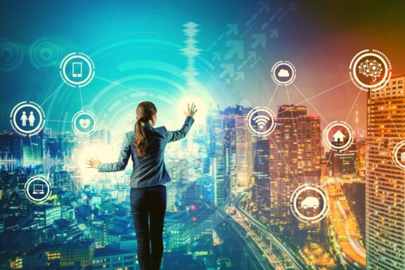 woman holding hands over smart city